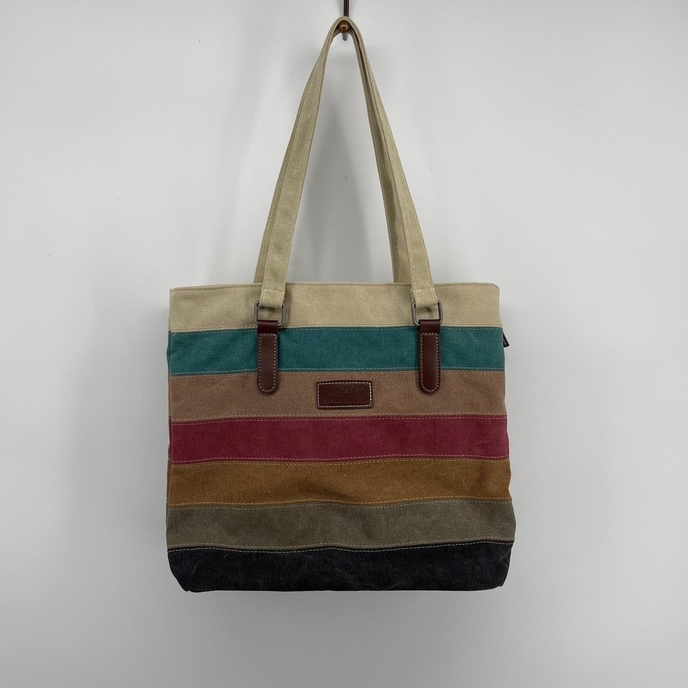 Manjianchong Multi Color Striped Canvas Tote Bag Shoulder Purse Earth Tones